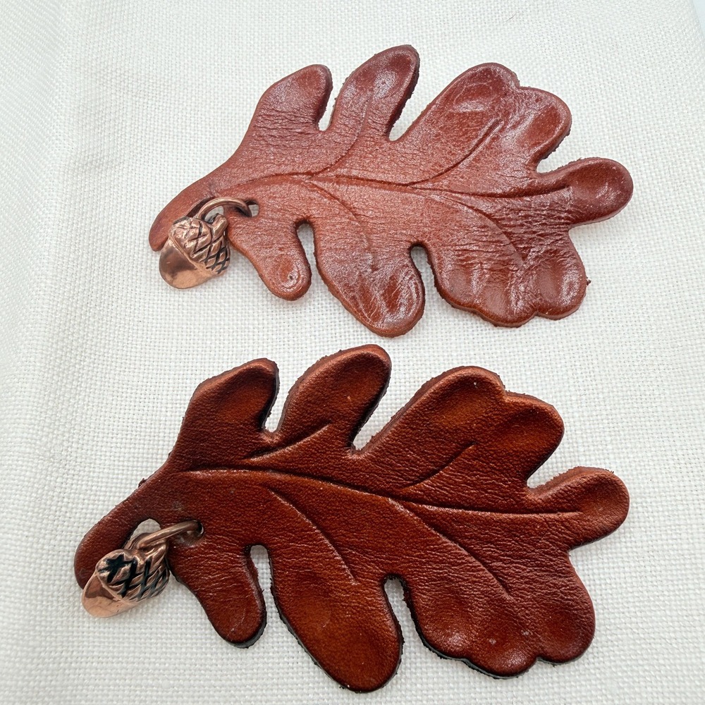 Vintage Autumn Brown Leather Oak Leaf Brooches w/ Copper Acorn Charms
